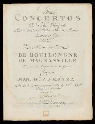Deux concertos à violon principale, premier et second violons, alto et basse, hautbois et cors. Corno primo & secondo : opera V