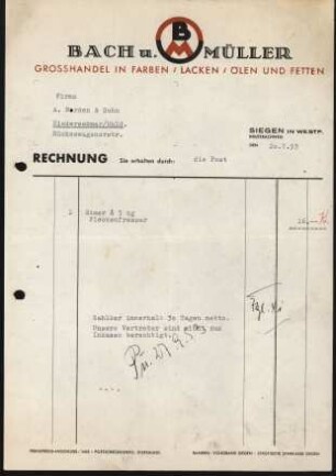 Firmenbriefkopf BM Bach und Müller, Großhandel in Farben/ Lacken/ Ölen und Fetten