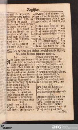 Register derjenigen Lieder, welche auf einerley Melodie können gesungen werden.