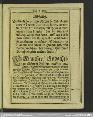Leichenpredigt : Der gekrönte Christliche Ritters-Mann. Eingang. Textus. Exordium. Tractatio