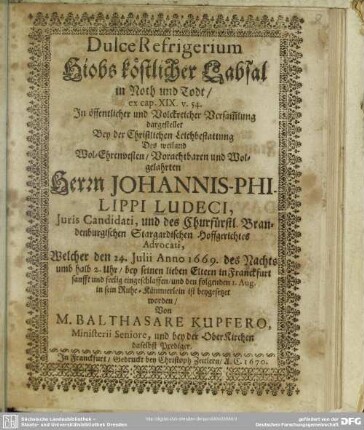 Dulce refrigerium, Hiobs köstlicher Labsal ...