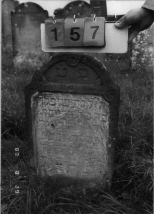 Grabstein 157 (Index: 100107426) Material: heller Sandstein Zustand: stark verwittert, teilweise Textverlust Maße HxBxT: 77x40x10 cm Beschreibung: Stele mit schwach eingezogenem Rundbogenabschluß, Schriftfeld eingetieft Symbolik: Rosetten Besonderheit: Kindergrab: Grabstein 157