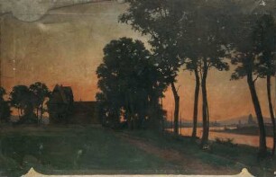 Die Gerbermühle im Abendrot mit Blick auf Frankfurt am Main