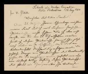 Brief von Carl Ludwig von Bar an Otto von Gierke, Schuls im Unter-Engadin, 15.8.1910