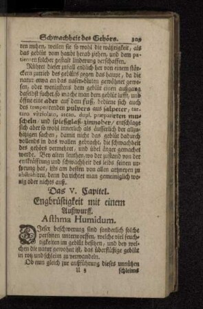 Das V. Capitel. Engbrüstigkeit mit einem Außwurff. Asthma Humidum.