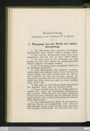 Einleitung. (Manuskript zu den Vorlesungen W. S. 1812/13.)