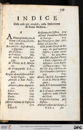Indice delle cose più notabili, nella Descrizione di Roma Moderna