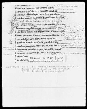 Lukan, Bellum Civile — Initiale P(ostquam castra), Folio 70recto