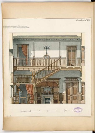 Treppenhaus Monatskonkurrenz Dezember 1891: Aufriss Innenwand der Diele; Maßstabsleiste