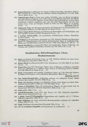 Metallarbeiten, Beleuchtungskörper, Uhren, Musikinstrumente (Nr. 351-391)