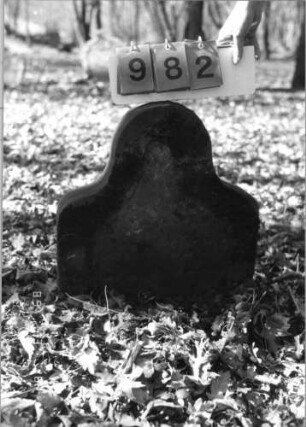 Grabstein 982 (Index: 99751377) Material: Sandstein Zustand: verwitt/völl. Textverl/Stele eingesunken Maße HxBxT: 57x53x8 cm Beschreibung: Stele, eingezogener Rundbogenabschluß: Grabstein 982