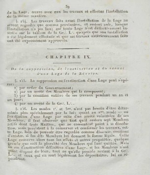 Chapitre IX. De la suppression, de l'exstinction et du renvoi d'une Loge de la Réunion.