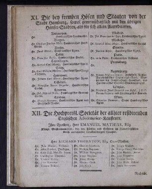 XI. Die bey fremden Höfen und Staaten von der Stadt Hamburg, sowol gemeinschaftlich mit den übrigen Hansee-Städten, als für sich allein Accreditirten.