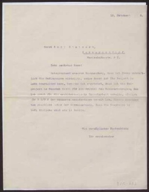 Schreiben an Emil Steinert, Schmargendorf (Brief)