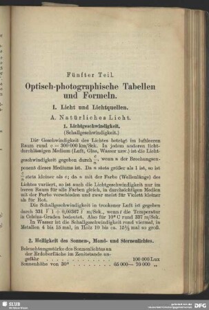 Fünfter Teil, Optisch-photographische Tabellen und Formeln