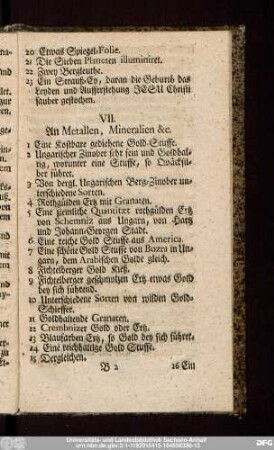 VII. An Metallen, Mineralien [et]c.