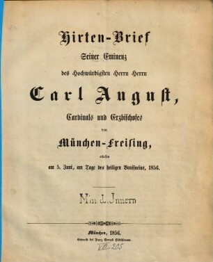 Hirtenbrief. 1856, 5. Juni