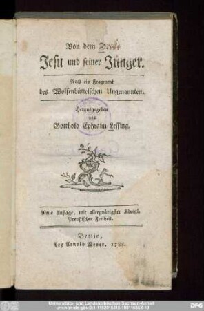 Von dem Zwecke Jesu und seiner Jünger : Noch ein Fragment des Wolfenbüttelschen Ungenannten