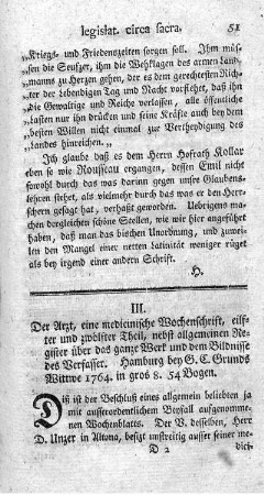 III. Der Arzt, eine medicinische Wochenschrift.