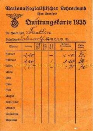 Quittungskarte des Nationalsozialistischen Lehrerbundes für Fräulein Treutlin