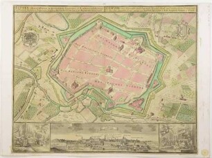 Stadtplan von Leipzig mit Festung und Gärten um die Stadt sowie mit einer Stadtansicht mit Bezeichnung aller Kirchen und zwei allegorischen Darstellungen von Wissenschaft und Handel sowie einem Maßstab