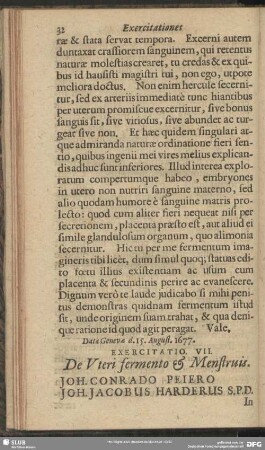 Exercitatio VII. De Uteri fermento & Menstruis. Joh. Conrado PeieroJoh. Jacobus Harderus S. P. D.