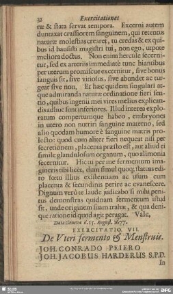 Exercitatio VII. De Uteri fermento & Menstruis. Joh. Conrado PeieroJoh. Jacobus Harderus S. P. D.