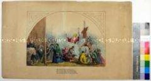 Karikatur auf die Ausstellung des heiligen Rockes in Trier 1844 und das Geldscheffeln der Mönche
