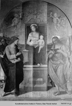 Madonna mit Kind umgeben von den Heiligen Johannes der Täufer, Joahnnes der Evangelist, Petrus Martyr und dem Seeligen Giacomo da Villa