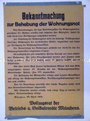 Bekanntmachung des Vollzugsrates der Betriebs- und Soldatenräte Münchens zur Regelung der Wohnungsfrage