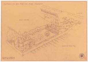 Garten Barth, Berlin-Steglitz: Perspektivische Ansicht (Vogelschau) mit Blick über den Garten mit Haus, Stempel