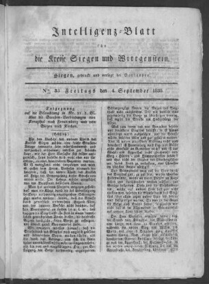 Intelligenz-Blatt für die Kreise Siegen und Wittgenstein und Altenkirchen. 1835-1866