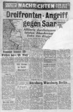 Nachrichtenblatt der US-Armee für die deutsche Wehrmacht u.a. zum Vormarsch der Alliierten im Saargebiet