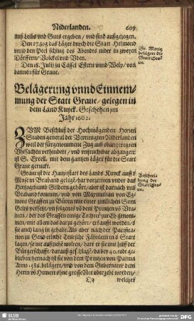Belägerung unnd Einnemmung der Statt Graue, gelegen in dem Land Kuyck. Geschehen im Jahr 1602.