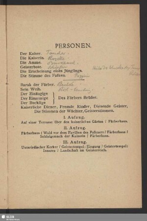 Personen [mit handschriftl. Besetzungsangaben; Opernhaus Dresden]