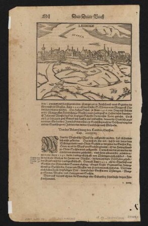 Ansicht von Leipzig, Holzschnitt, ab 1574 : Leibsigk / [Münster exc.]. - [Basel] , [ab 1574]. - 1 Ansicht : Holzschnitt ; 13 x 16 cm // Auch enthalten in: Cosmographey Oder beschreibung Aller Länder herrschafften[n] vnd fürnemesten Stetten des gantzen Erdbodens : sampt jhren Gelegenheiten, Eygenschafften, Religion, Gebreuchen, Geschichten vnnd Handthierungen, [et]c. / Erstlich durch Herrn Sebastian Munster mit grosser Arbeit in sechs verfasset ...