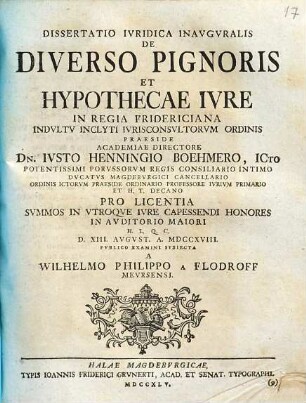Dissertatio Ivridica Inavgvralis De Diverso Pignoris Et Hypothecae Ivre