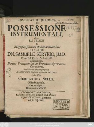 Disputatio Iuridica De Possessione Instrumentali