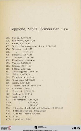 Teppiche, Stoffe, Stickereien usw. (Nr. 600-636a)