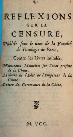 Réflexions sur la Censure : publiée sous le nom de la Faculté de Theologie de Paris