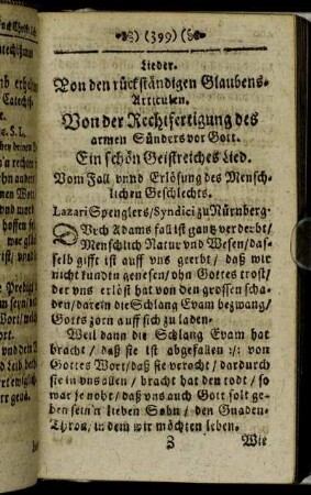 Lieder. Von den rückständigen Glaubens Articulen.