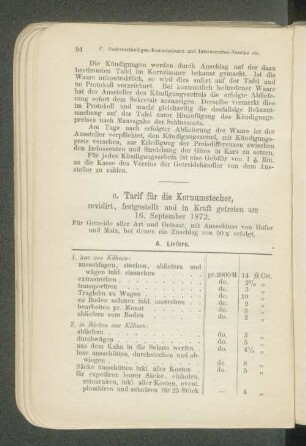 Tarif für die Kornumstecher, revidiert, festgestellt und in Kraft getreten am 16. September 1872.