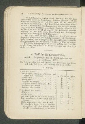Tarif für die Kornumstecher, revidiert, festgestellt und in Kraft getreten am 16. September 1872.