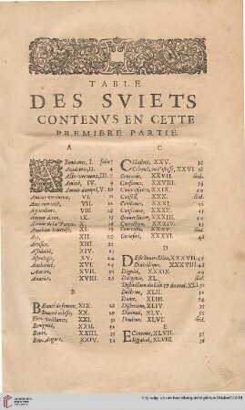 Table des suits contenus en cette première partie