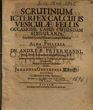 Scrutinium Icteri Ex Calculis Vesiculae Fellis Occasione Casus Cujusdam Singularis