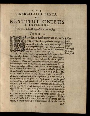Exercitatio Sexta. De Restitutionibus In Integrum. Thesis I. - XXX.