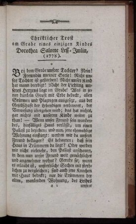 Christlicher Trost am Grabe eines einzigen Kindes Dorothea Salome Less-Imlin, (1778)