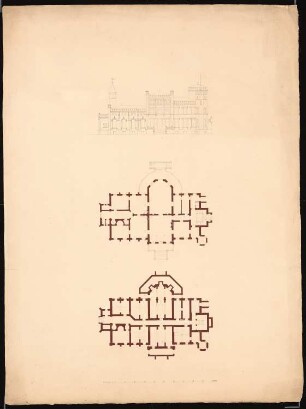 Zweigeschossiges Schloss im neogotischen Stil: Vorderansicht, Grundriss Keller- und Erdgeschoss