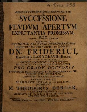 Diss. iur. inaug. de svccessione in fevdvm apertvm expectantia promissvm