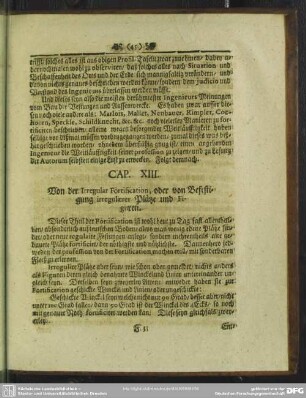 Cap. XIII. Von der Irregular Fortification, oder von Befestigung irregulaerer Plätze und Figuren